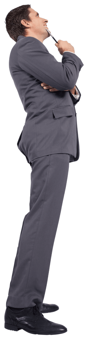 Transparent Concept: Thoughtful Businessman Holding Pen Contemplating Ideas