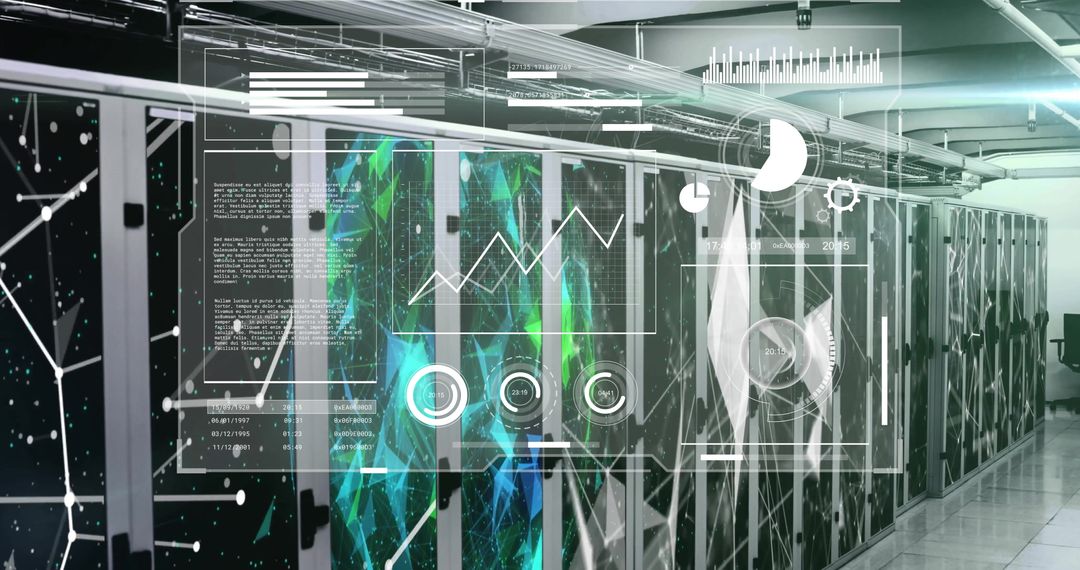Futuristic Data Processing with Server Racks and Digital Overlay