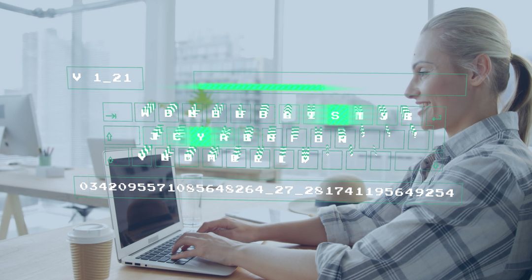 Businesswoman Using Laptop with Digital Data Overlay in Modern Office