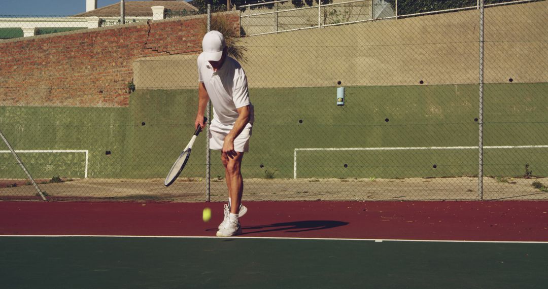 Middle-Aged Man Playing Tennis on Sunny Outdoor Court - Free Images, Stock Photos and Pictures on Pikwizard.com