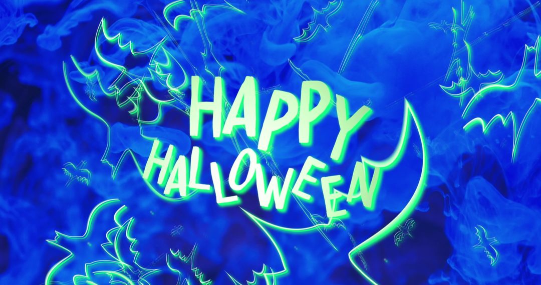 Futuristic Happy Halloween Glowing Text with Bats