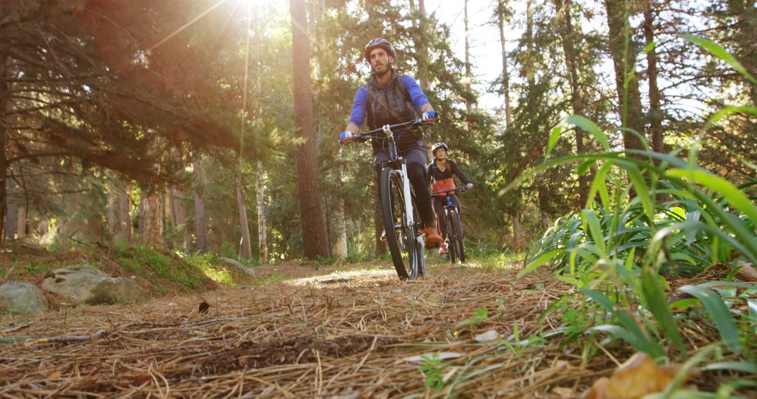 Couple Mountain Biking on Forest Trail in Sunlight - Free Images, Stock Photos and Pictures on Pikwizard.com