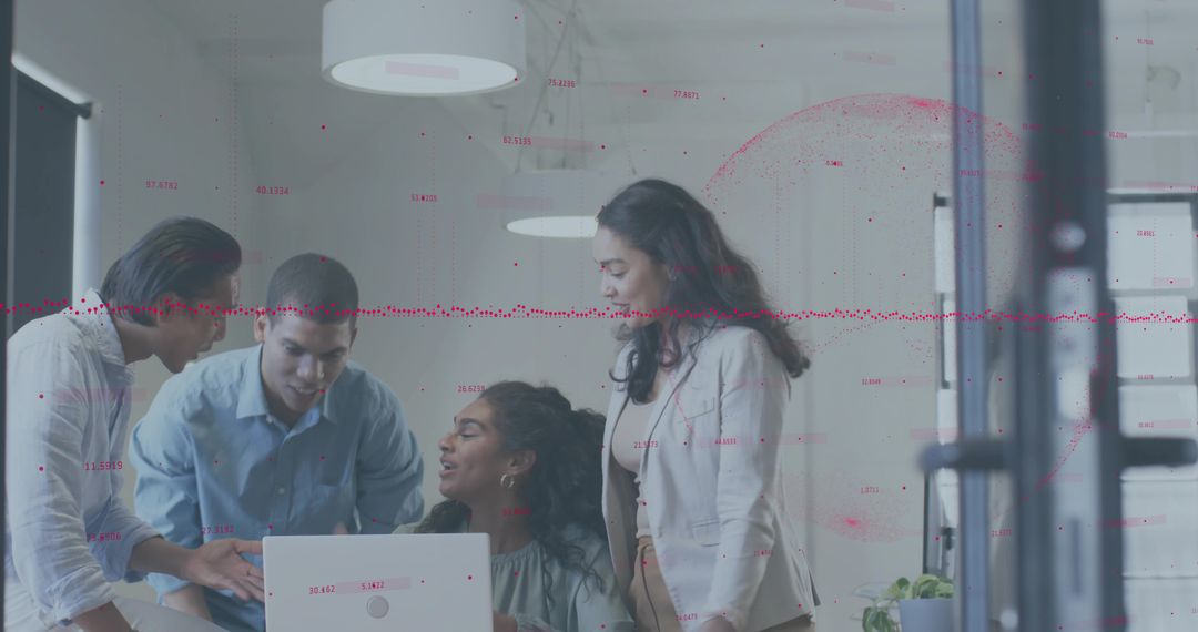Startup Team Collaborating Around Laptop in Modern Office with Data Visualization Overlay