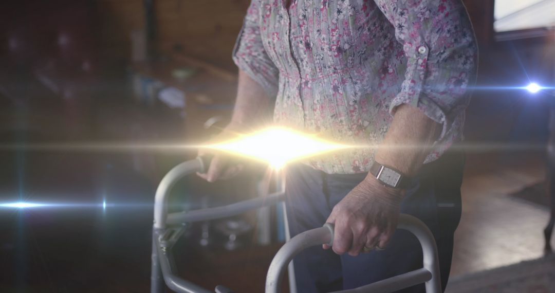 Senior Woman Using Walker with Dramatic Light Effect