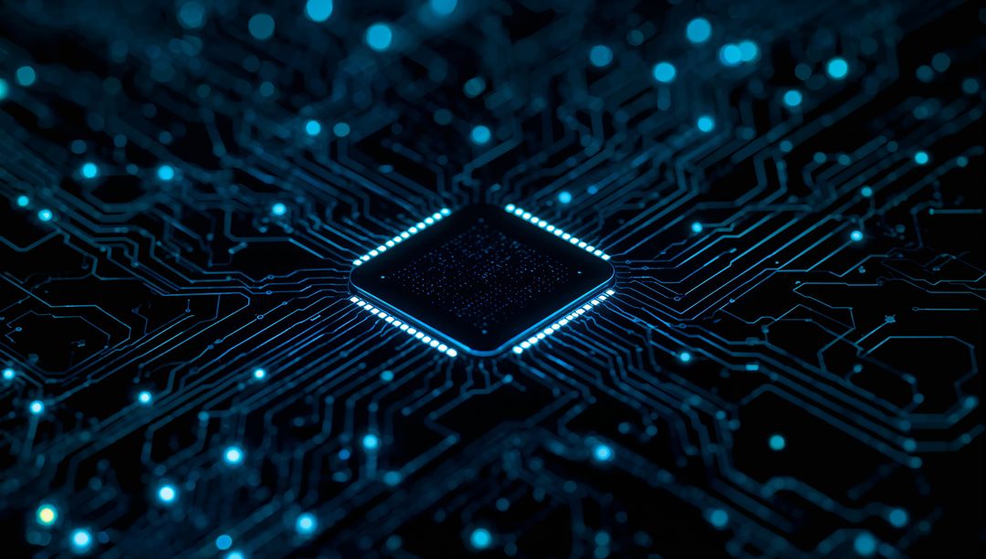 Futuristic Microprocessor Circuit Board with Neon-Blue Lighting