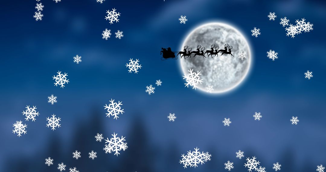 Santa's Sleigh Silhouette Against Full Moon and Falling Snow