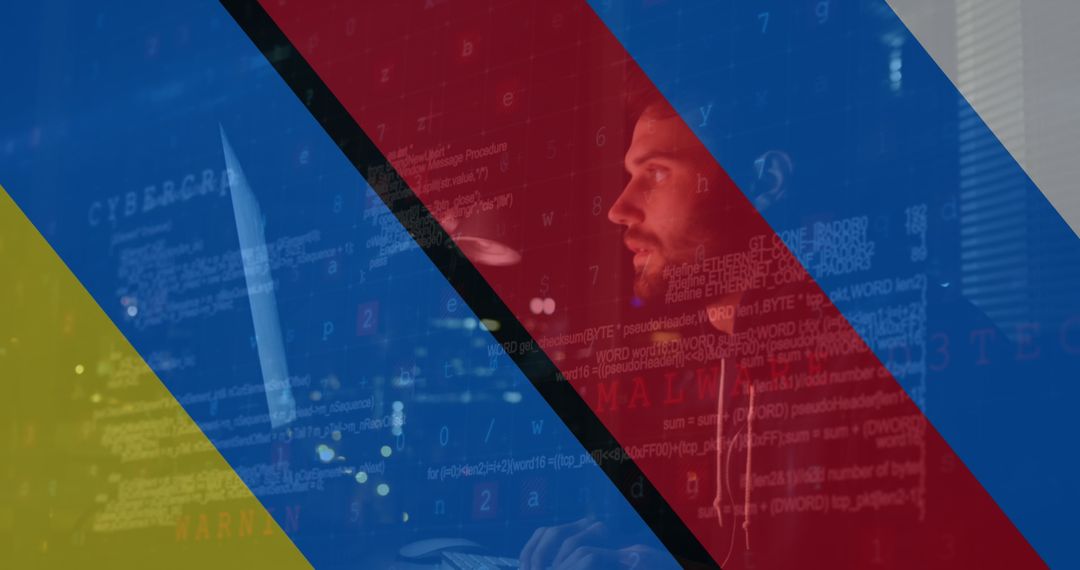 Cybersecurity Hacker with Russia and Ukraine Flags Overlay