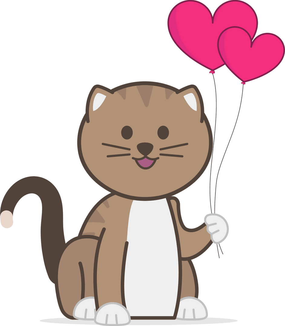 Charming Cartoon Cat Holding Heart Balloons on Transparent Background