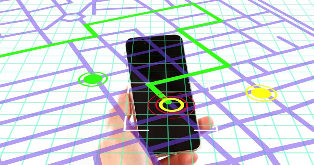 Hand using smartphone for navigation on digital grid map