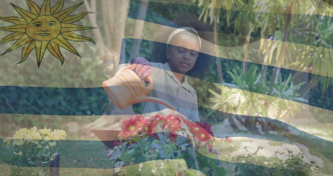 Child Enjoying Gardening Practice with Uruguayan Flag Overlay
