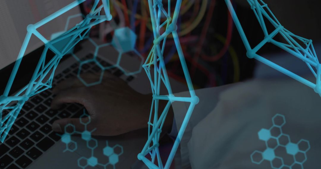 Scientist Typing Laptop with Molecular Model Overlay in Tech Lab