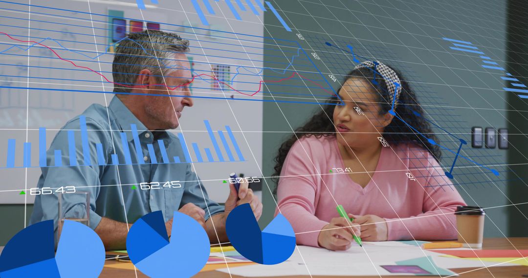 Colleagues Collaborating During Business Meeting with Graph Overlays