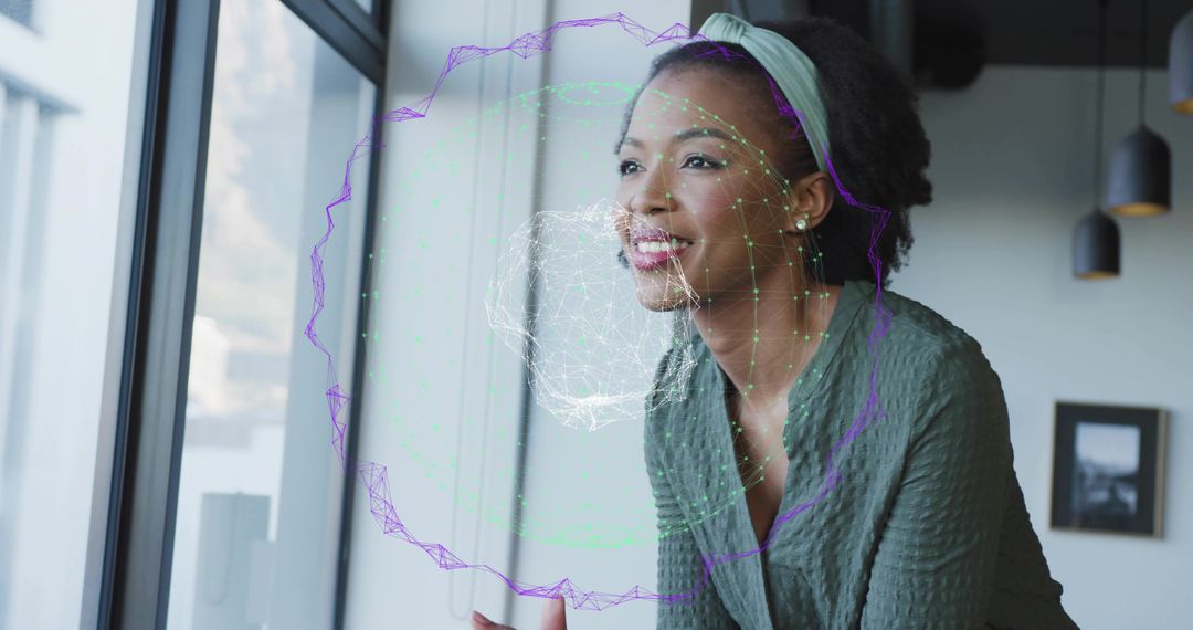 Leaning professional holding coffee, smiling with holographic AI wireframe projection