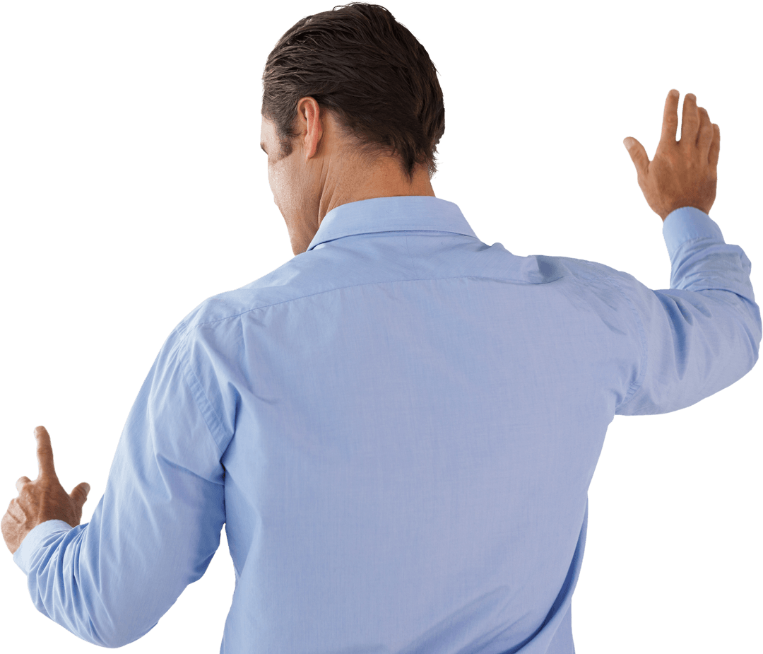 Businessman in Blue Shirt Touching Transparent Virtual Interface