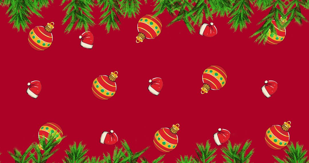 Festive Christmas Background with Ornaments and Santa Hats