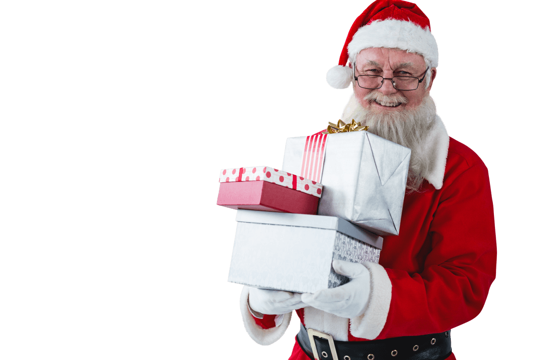 Santa Claus Holding Colorful Gift Boxes on Transparent Background