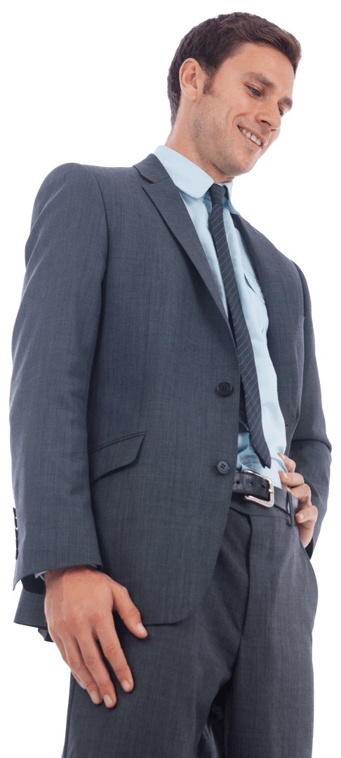 Transparent Confident Businessman Smiling in Suit from Below
