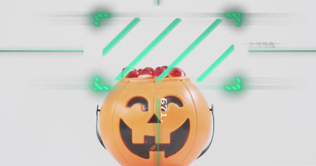 High-Key Halloween Candy Bucket with Glitch Overlay and Green AR Scanlines