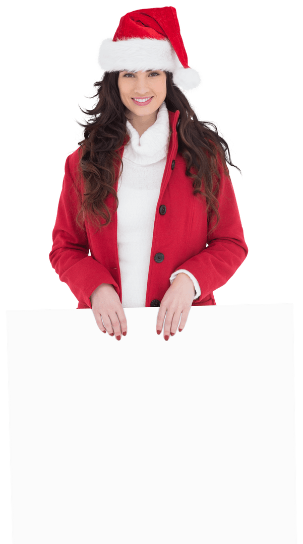 Cheerful Brunette Holding Blank Poster with Festive Hat