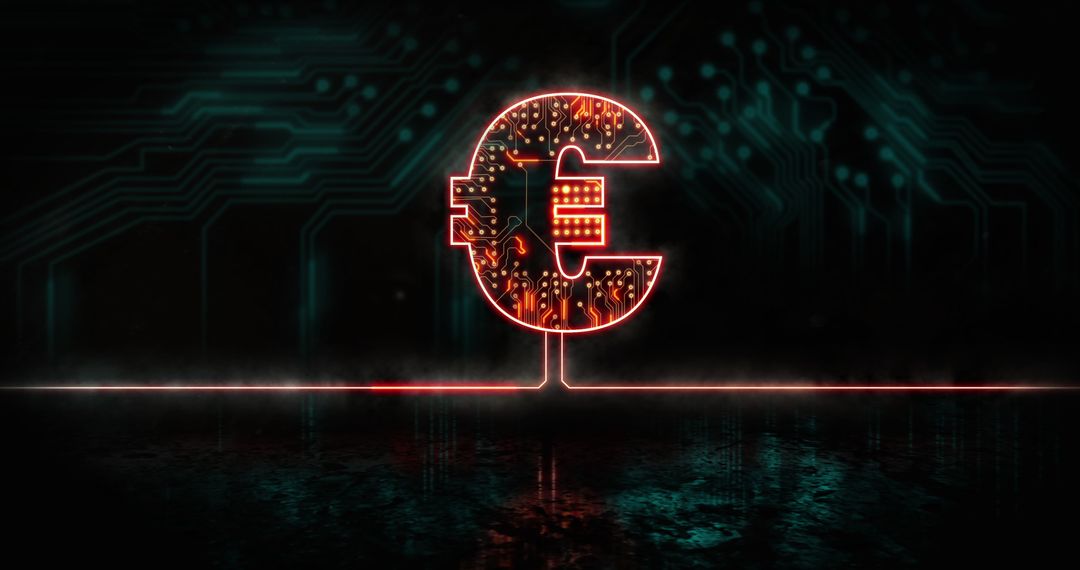 Glowing Euro Symbol in Digital Circuit Concept Background