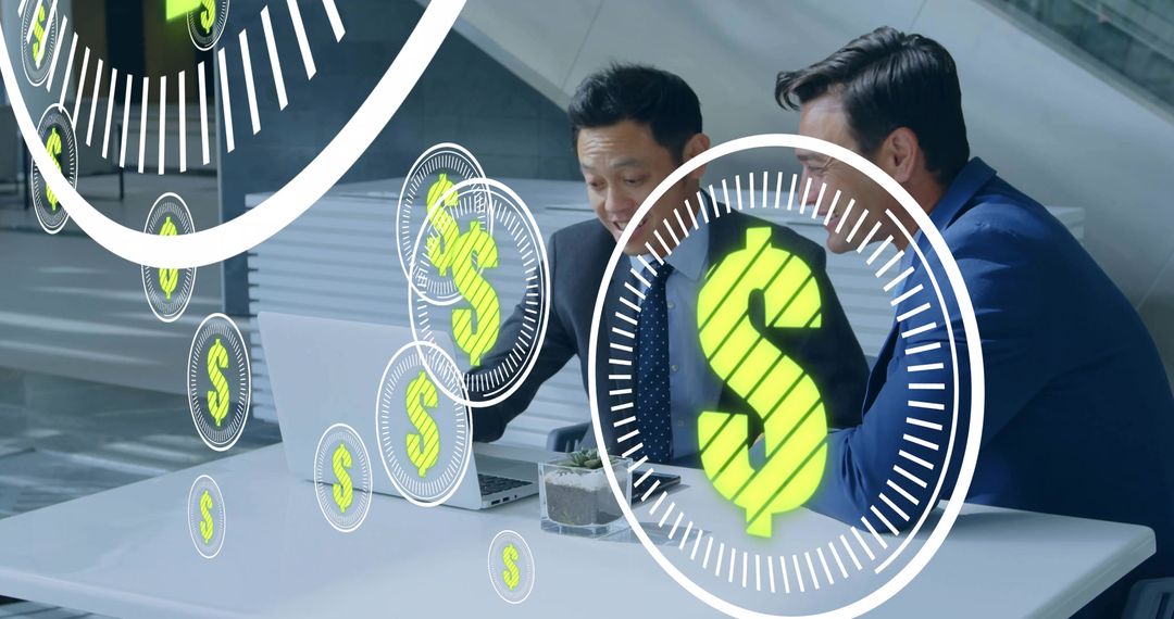 Professionals Discussing Financial Strategies with Digital HUD Interface