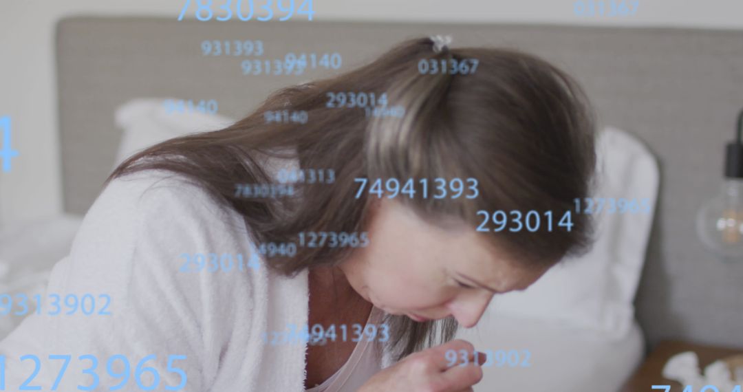 Senior Woman Coughing Amidst Digital Data Visualization