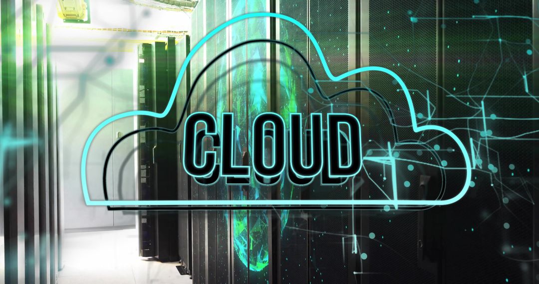 Cloud Computing Graphic Over Data Center Interior With Server Racks