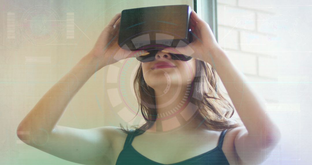 Woman Engaged with VR Technology and Digital Interface