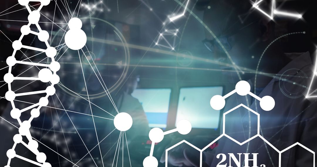 Scientist Analyzing Scientific Data Overlayed with DNA and Chemical Structures
