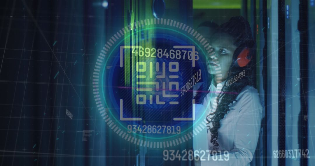 Female Technician Exploring Data Center with Overlayed Cyber Elements