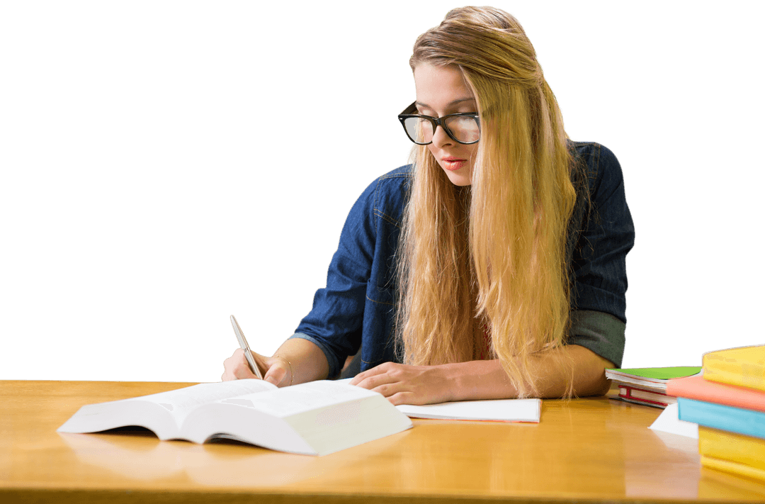 Focused Student Studying with Books, Pen, and Transparent Background