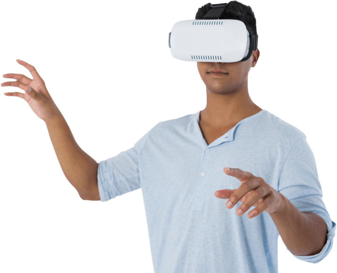 Man Enjoying Virtual Reality Experience with Headset Transparent