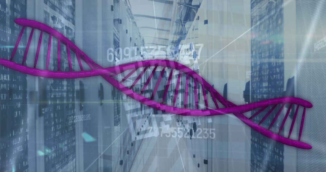 Digital DNA Helix with Futuristic Datacenter in Background