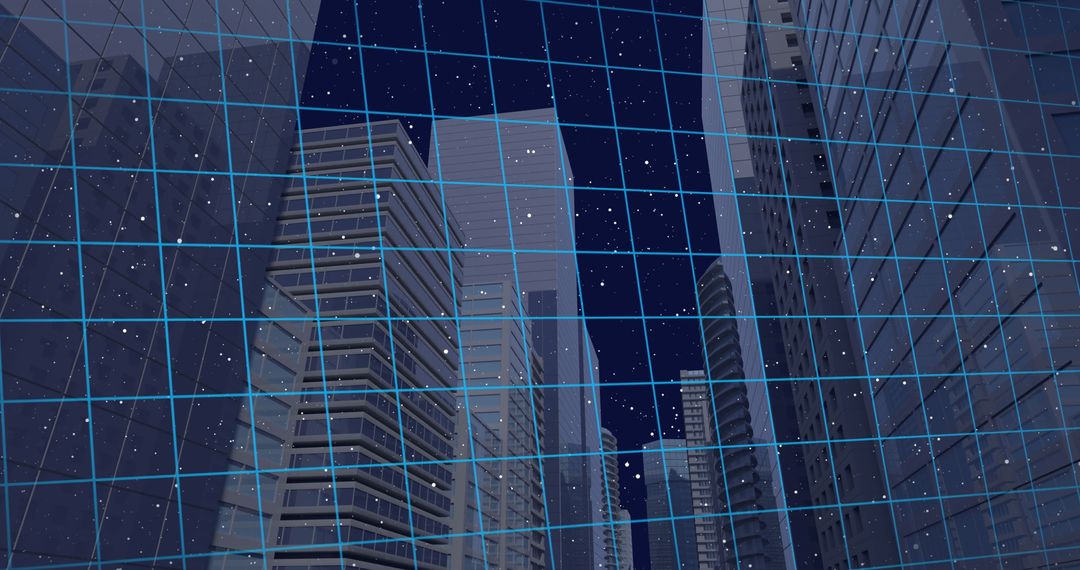 Digital Grid Overlay on Skyscrapers Symbolizing Modern City Tech