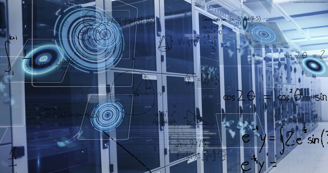 Futuristic Data Center with Holographic Overlays and Formulas