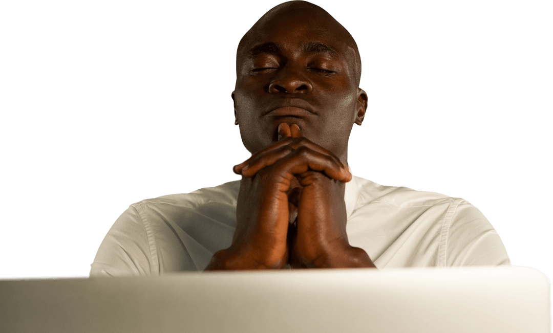 Transparent Image of Contemplative Man Using Laptop