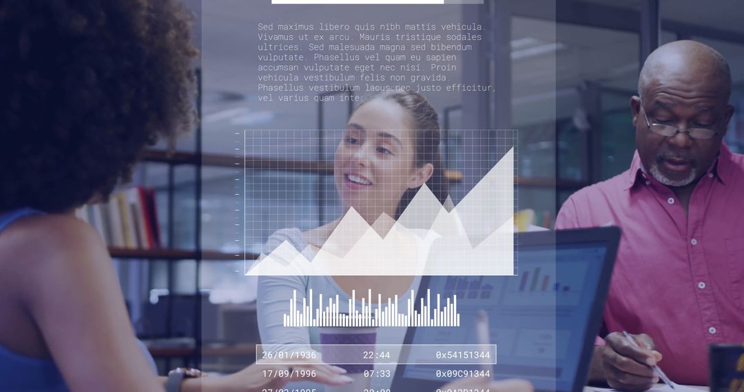 Diverse Business Team Analyzing Data in Office with Digital Overlay