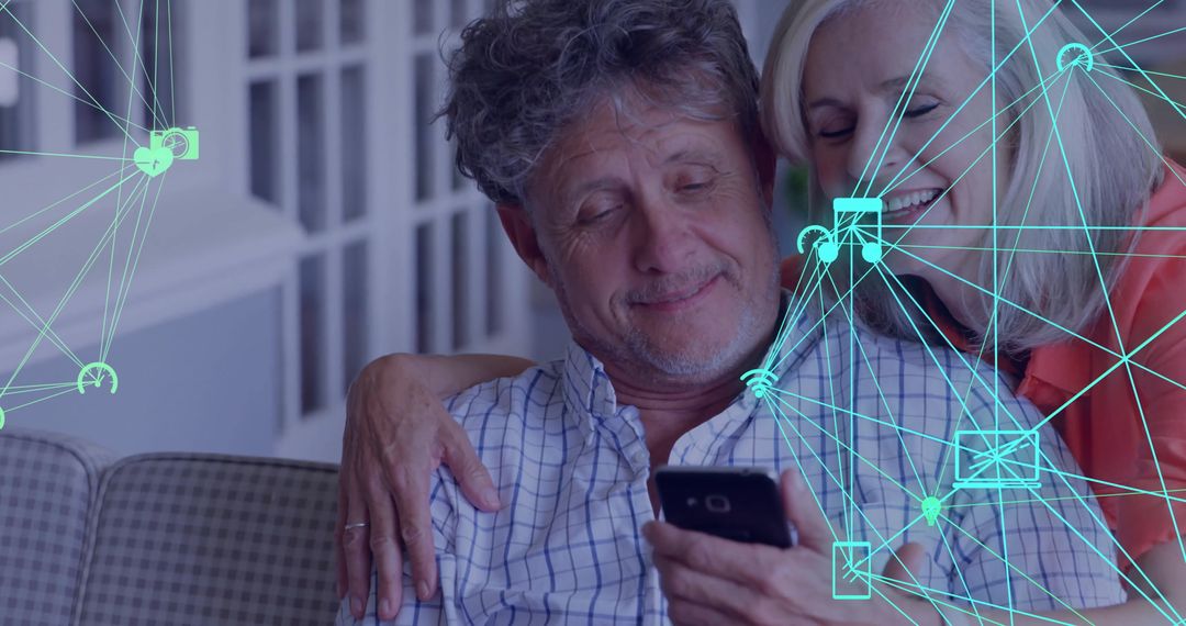 Smiling Senior Couple Using Smartphone with Tech Network Overlay