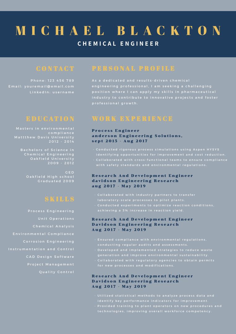 Professional Blue-Accented Resume Template for Chemical Engineer - Download Free Stock Templates Pikwizard.com