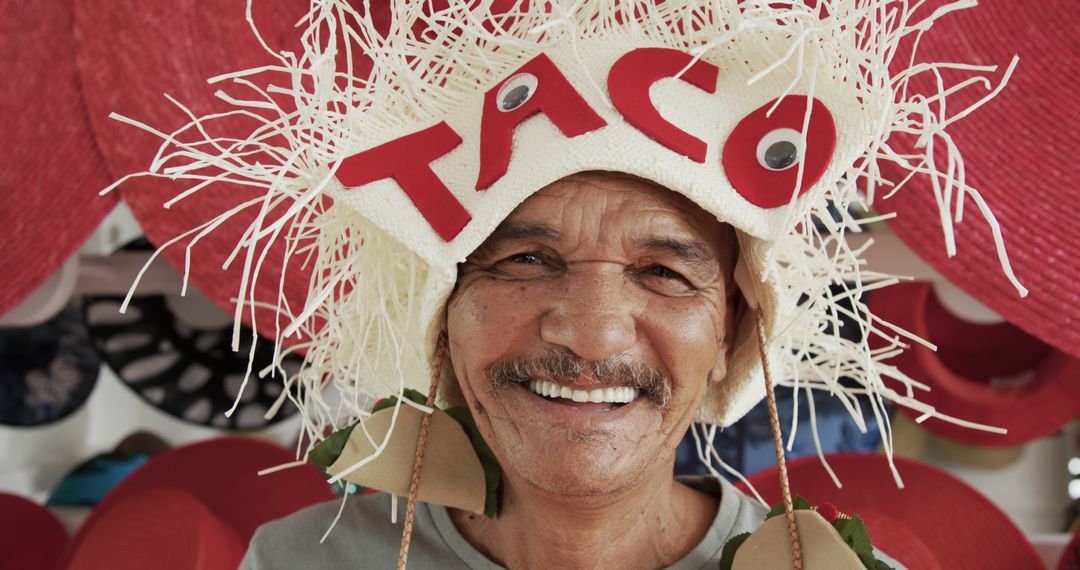 Happy Man Wearing Novelty Hat with Taco Theme - Free Images, Stock Photos and Pictures on Pikwizard.com