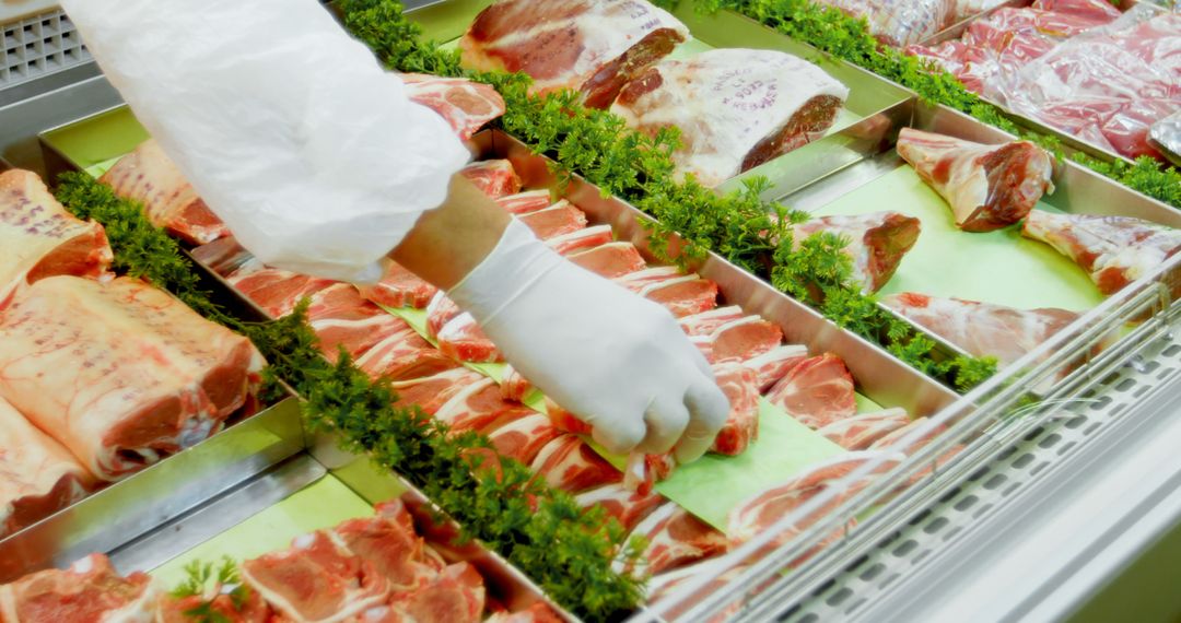 Butcher Arranging Cuts of Fresh Meat in Display Case - Free Images, Stock Photos and Pictures on Pikwizard.com