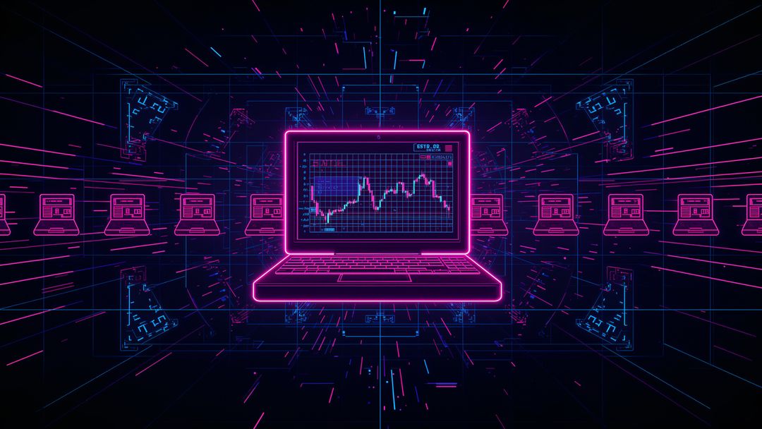 Futuristic Neon Laptop with Data Chart in Digital Grid Space