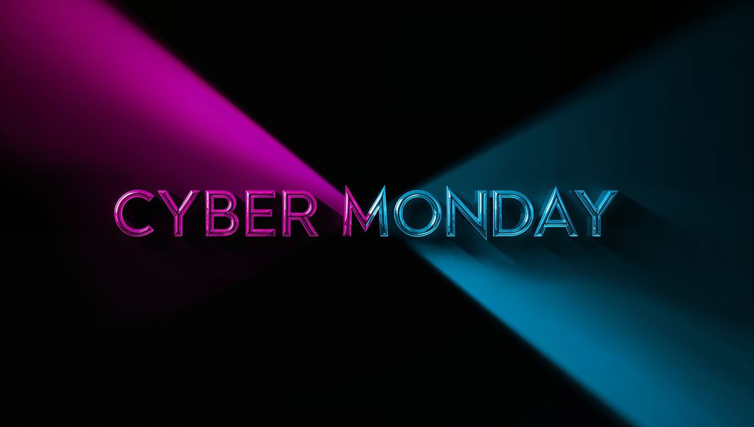 Cyber Monday Neon Text with Magenta and Cyan Spotlight Beams and Glossy Duotone