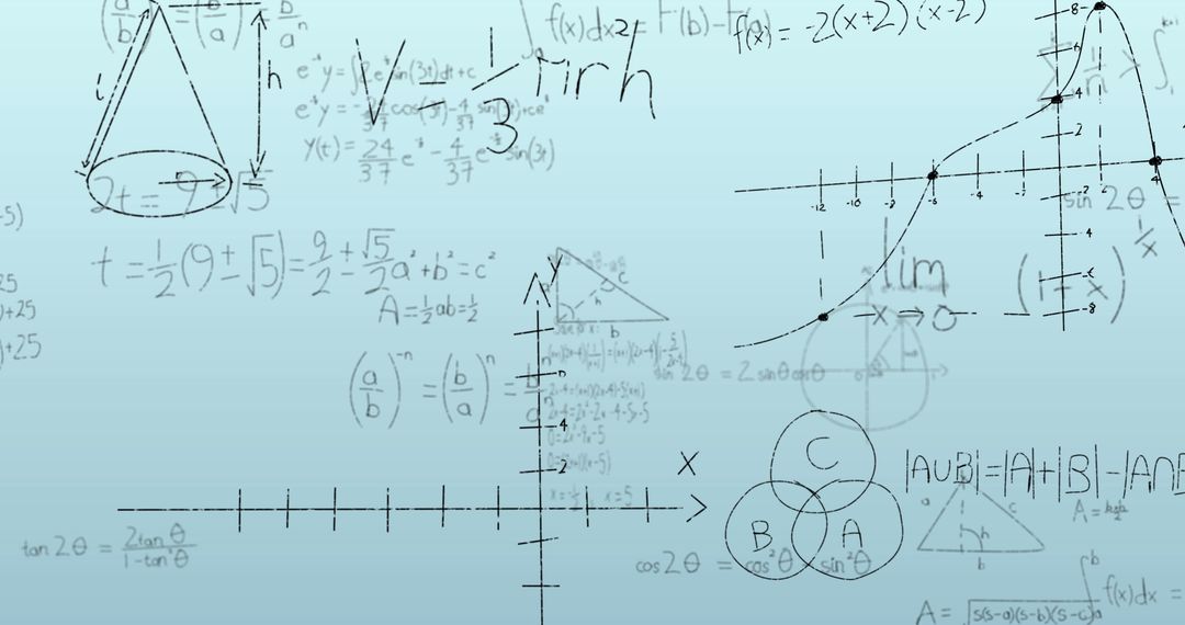 Mathematical equations and graphs on blue background depicting data science