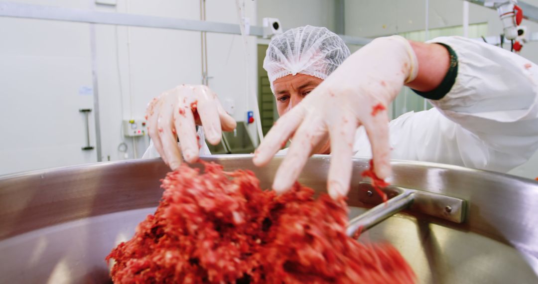 Meat Processing Worker Mixing Raw Ground Beef in Factory - Free Images, Stock Photos and Pictures on Pikwizard.com