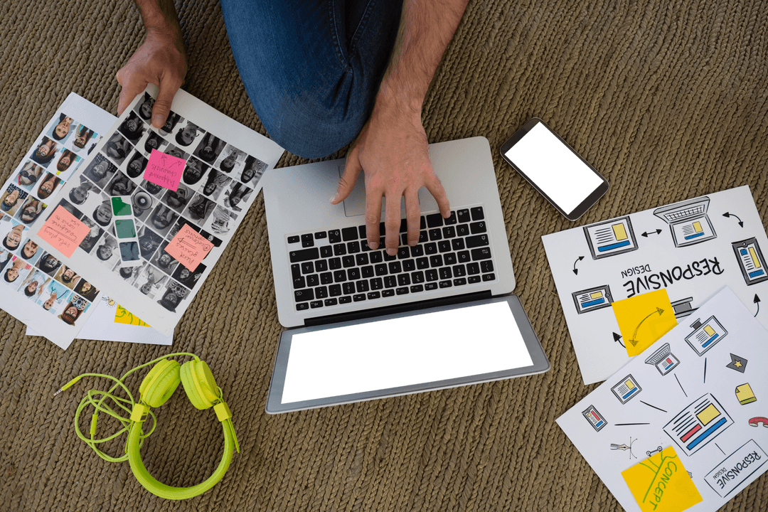 Creative Designer Working With Laptop and Collages on Transparent Background