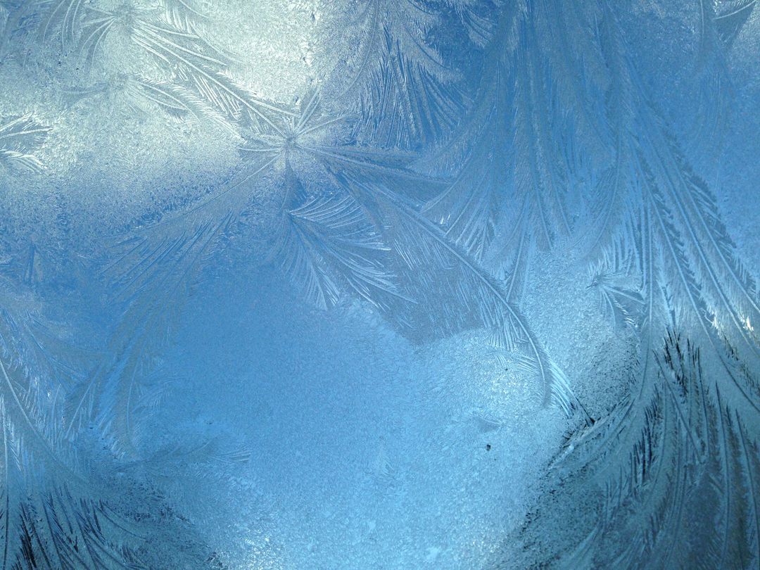 Frosted Window Patterns Creating Delicate Ice Ferns and Textured Blue Winter Abstract