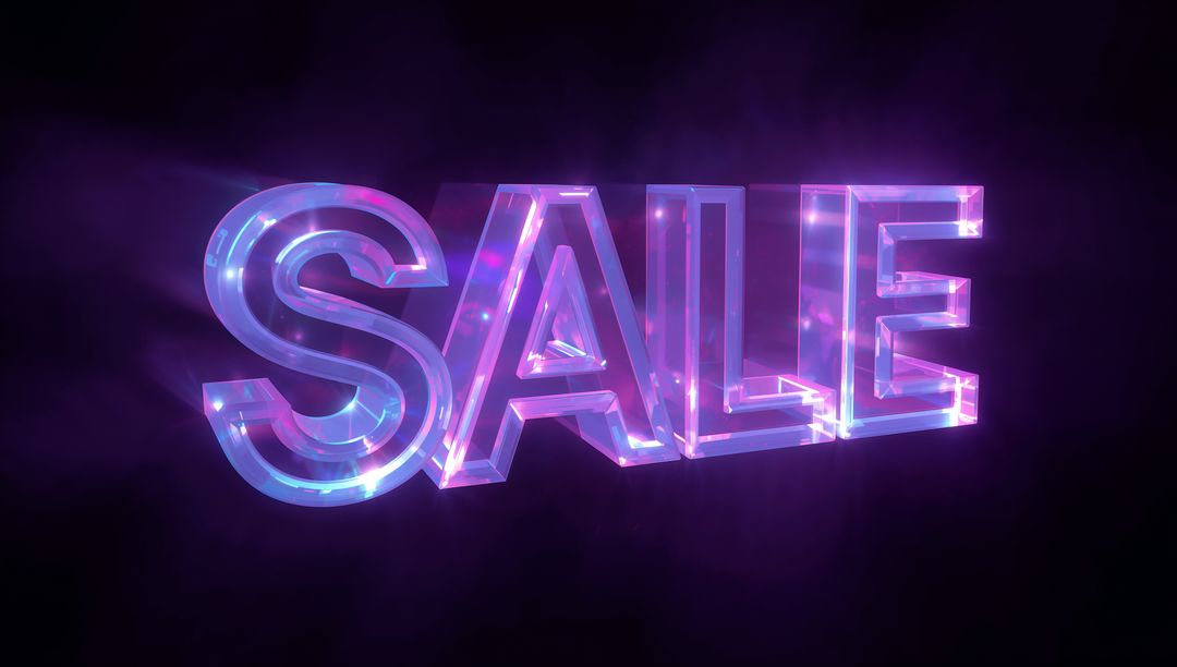 Neon Glass 3D SALE Text Floating with Holographic Glow, Futuristic Reflections and Particles