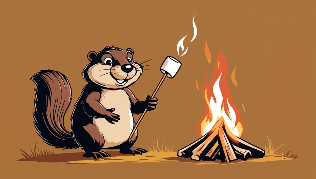 Cartoon beaver roasting marshmallow at campfire