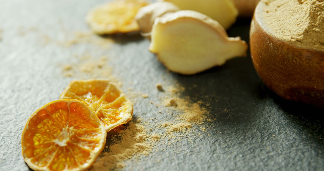 Dried Orange Slices and Fresh Ginger on Slate Surface - Free Images, Stock Photos and Pictures on Pikwizard.com